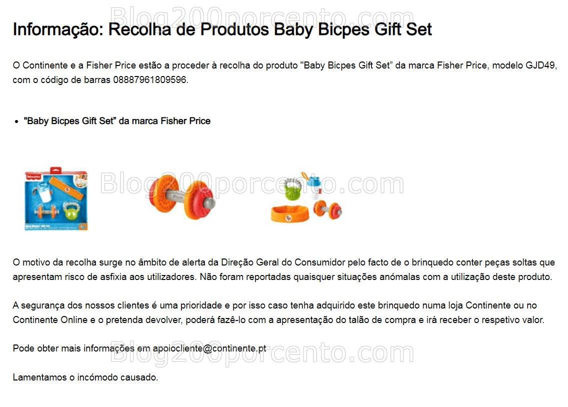 ALERTA - Perigo de Asfixia RECOLHA de produto Fisher-Price