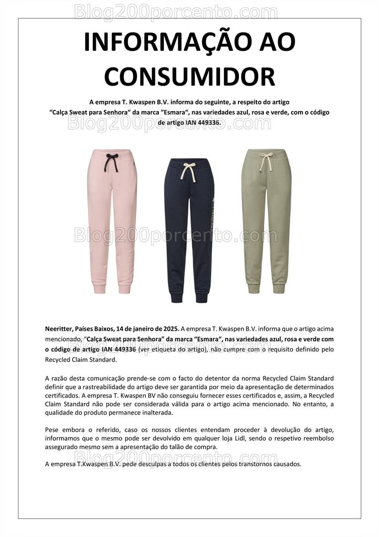 Aviso Importante LIDL não Conformidade com o RCS nas Calças Esmara