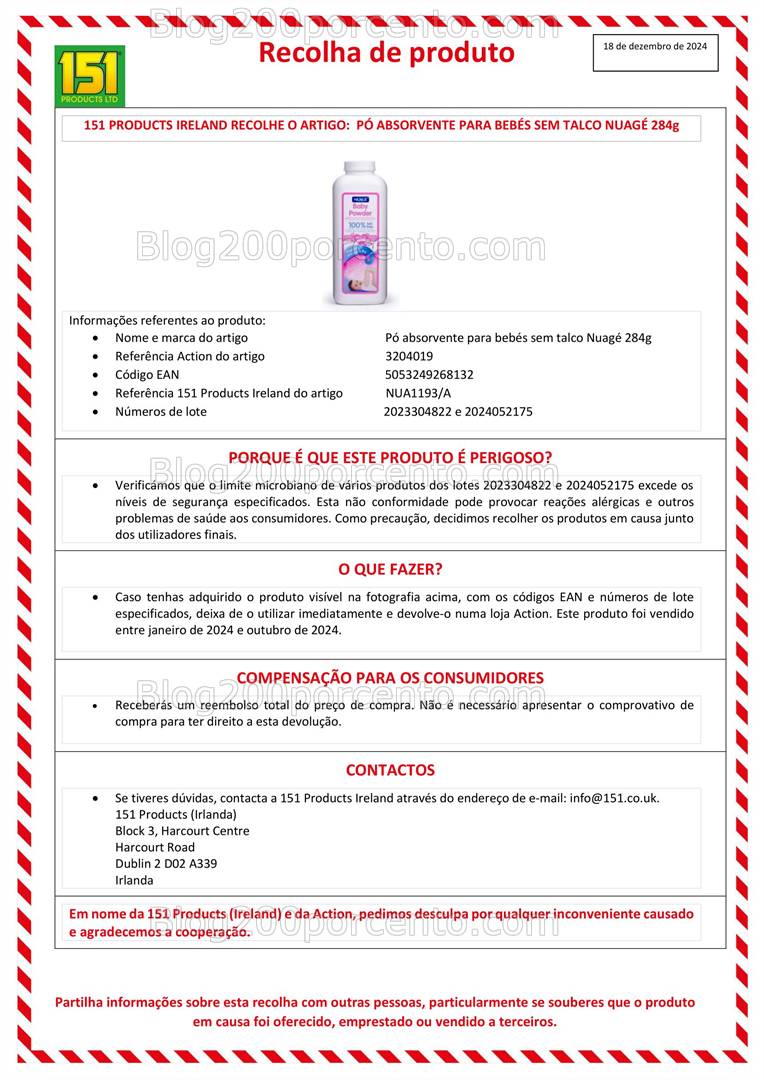 Recolha de Produto: Pó Absorvente para Bebés sem Talco Nuagé 284g