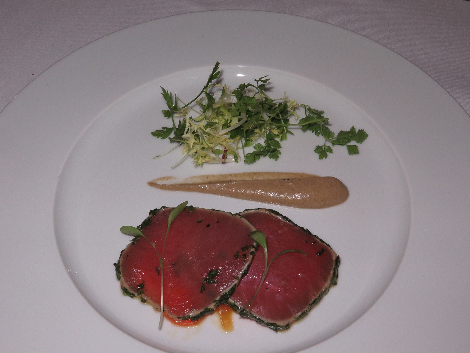 “Escabèche of yellowfin tuna, aubergine purée and herbs”